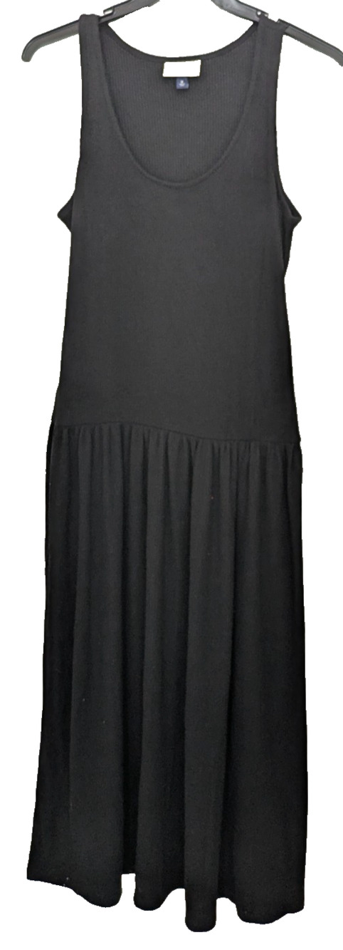 Womens Rib Knit Midi Sleeveless Drop Waist Dress Black Medium Loose Fitting